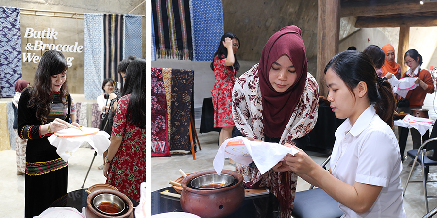 Khách tham gia trải nghiệm về Batik dưới sự hướng dẫn của các nghệ nhân