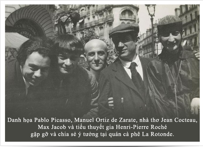 Artists Pablo Picasso, Manuel Ortiz de Zarate, poets Jean Cocteau, Max Jacob and novelist Henri-Pierre Roche met and shared ideas at La Rotonde cafe.