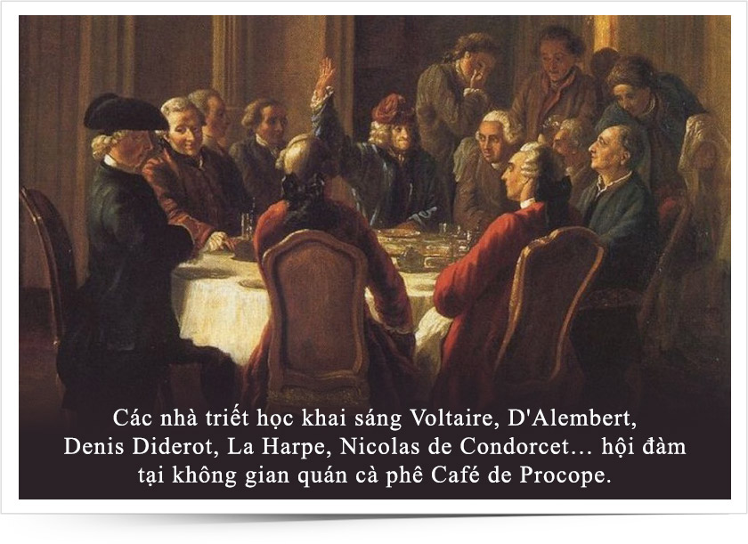 Enlightenment philosophers Voltaire, D'Alembert, Denis Diderot, La Harpe, Nicolas de Condorcet... converse at Café de Procope.