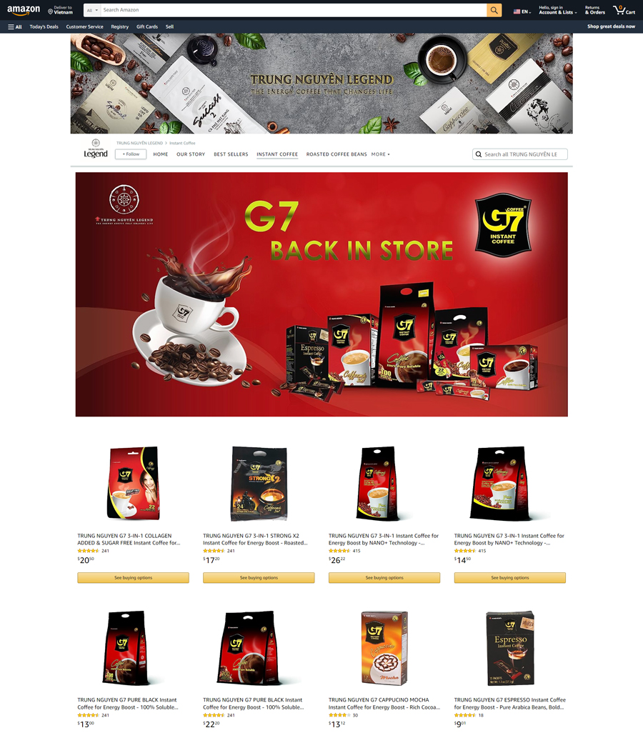 Gian hàng chính thức của Trung Nguyên Legend trên Amazon – nơi người yêu cà phê toàn cầu có thể tìm mua đầy đủ hệ sản phẩm cà phê của Trung Nguyên Legend.