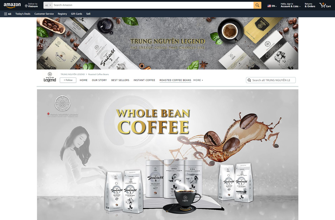 Gian hàng chính thức của Trung Nguyên Legend trên Amazon - nơi người yêu cà phê toàn cầu có thể tìm mua đầy đủ hệ sản phẩm cà phê năng lượng rang xay trứ danh của Trung Nguyên Legend.