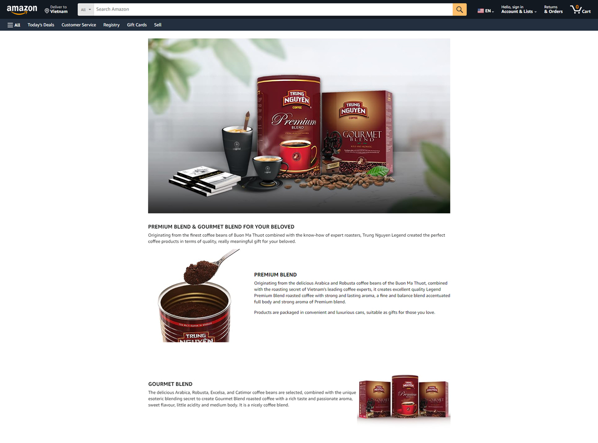 Gourmet Blend và House Blend là sản phẩm cà phê Việt Nam được khách quốc tế tìm kiếm mua nhiều nhất trên sàn thương mại điện tử toàn cầu Amazon.