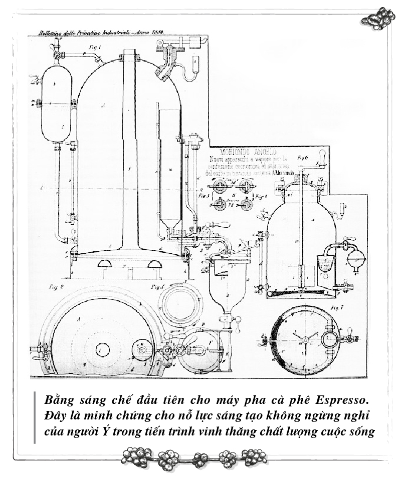 This first patent for the espresso coffee machine is a testament to the relentless creative efforts of Italians in the pursuit of improving the quality of life.