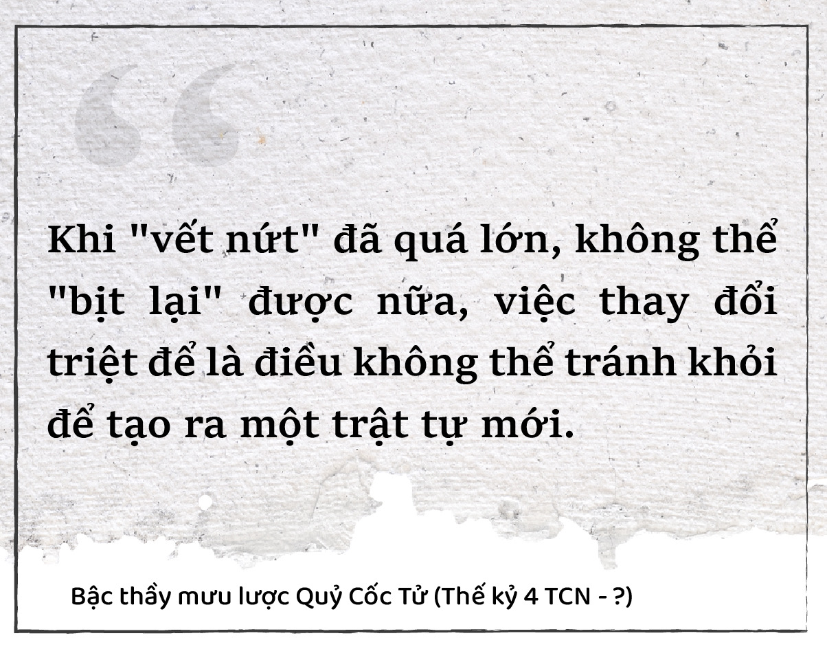 Theo Quỷ Cốc Tử, mọi vấn đề, dù nhỏ, cần được giải quyết nghiêm túc từ sớm, không để chúng lan rộng, mới có thể khôi phục về tình trạng vốn có. Tuy nhiên, nếu tình trạng đã vượt quá khả năng khắc phục, người trí giả cần dấn thân vào công cuộc thay đổi toàn diện để đưa hệ thống sang một giai đoạn mới. 